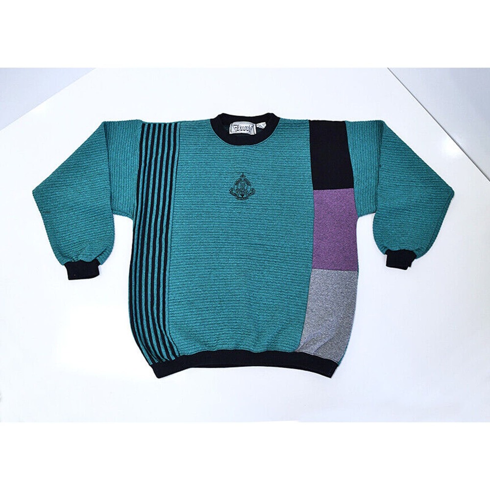 Vtg 80s/90s RICCARDO Logo Soft Mens Teal Black Purple Pullover Sweater Sz Large